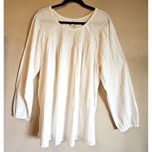 J Jill Women's L/S Smocked Yoke Neck Off White Top sz XL